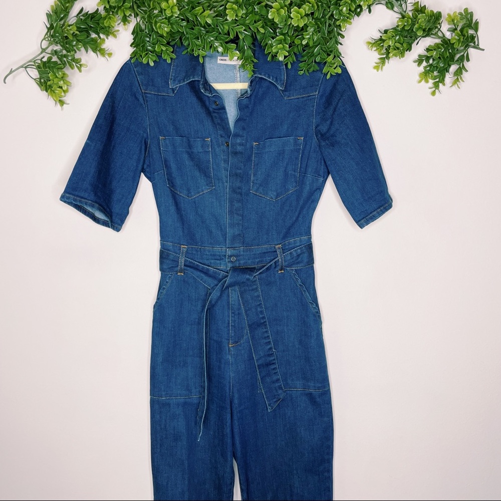 ASOS Blue Denim Wide Leg Jumpsuit with Tie UK 10